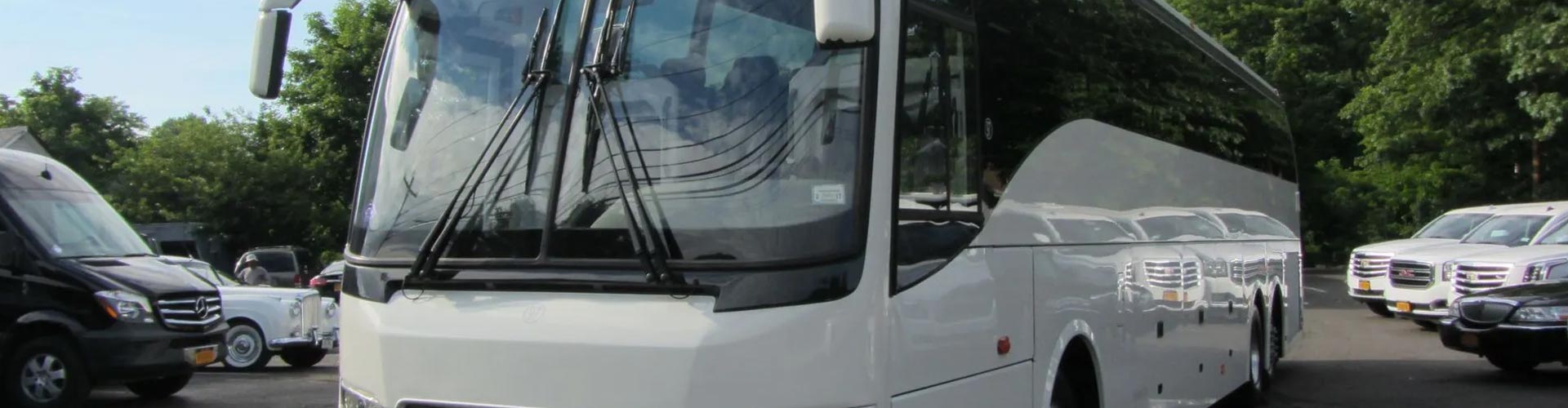 A bus providing group transportation parked along a roadside