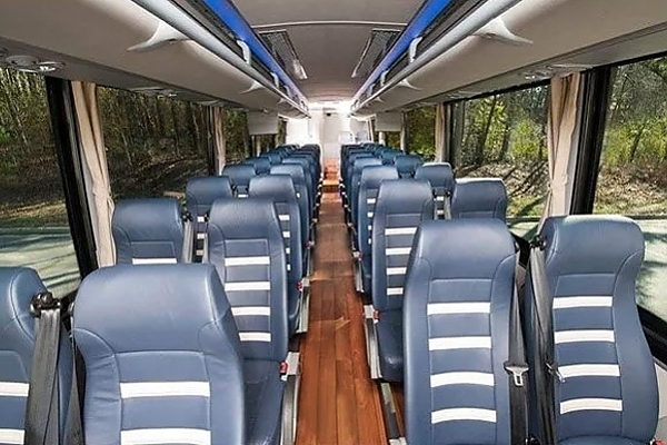 A line of seats in a train car designed for scenic routes