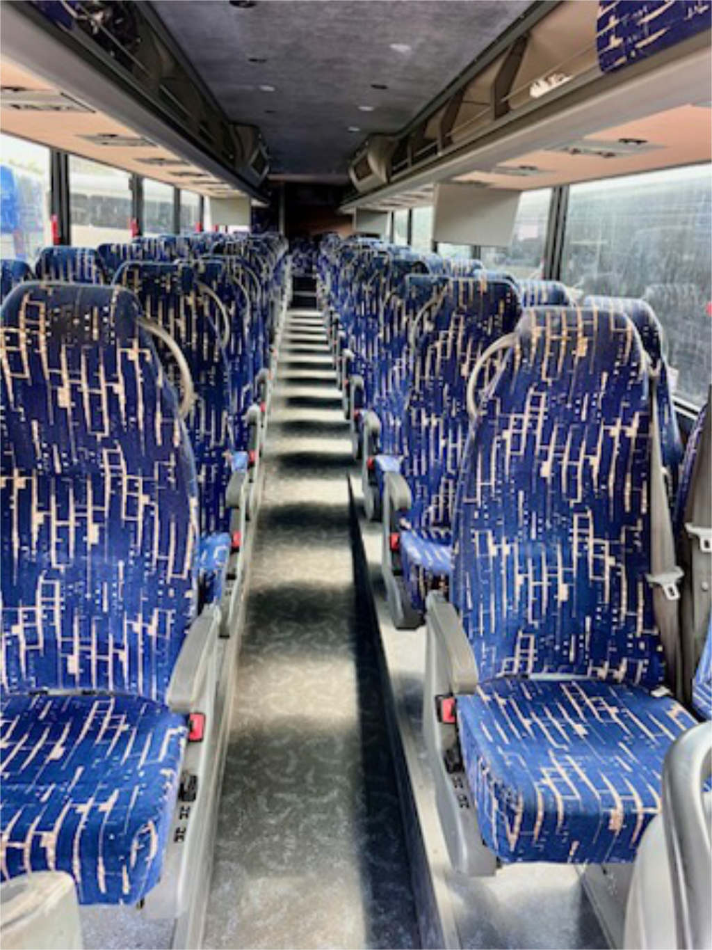 A row of buses with blue and white accents for group transportation