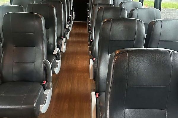 A row of seats on a bus with large windows for scenic travel